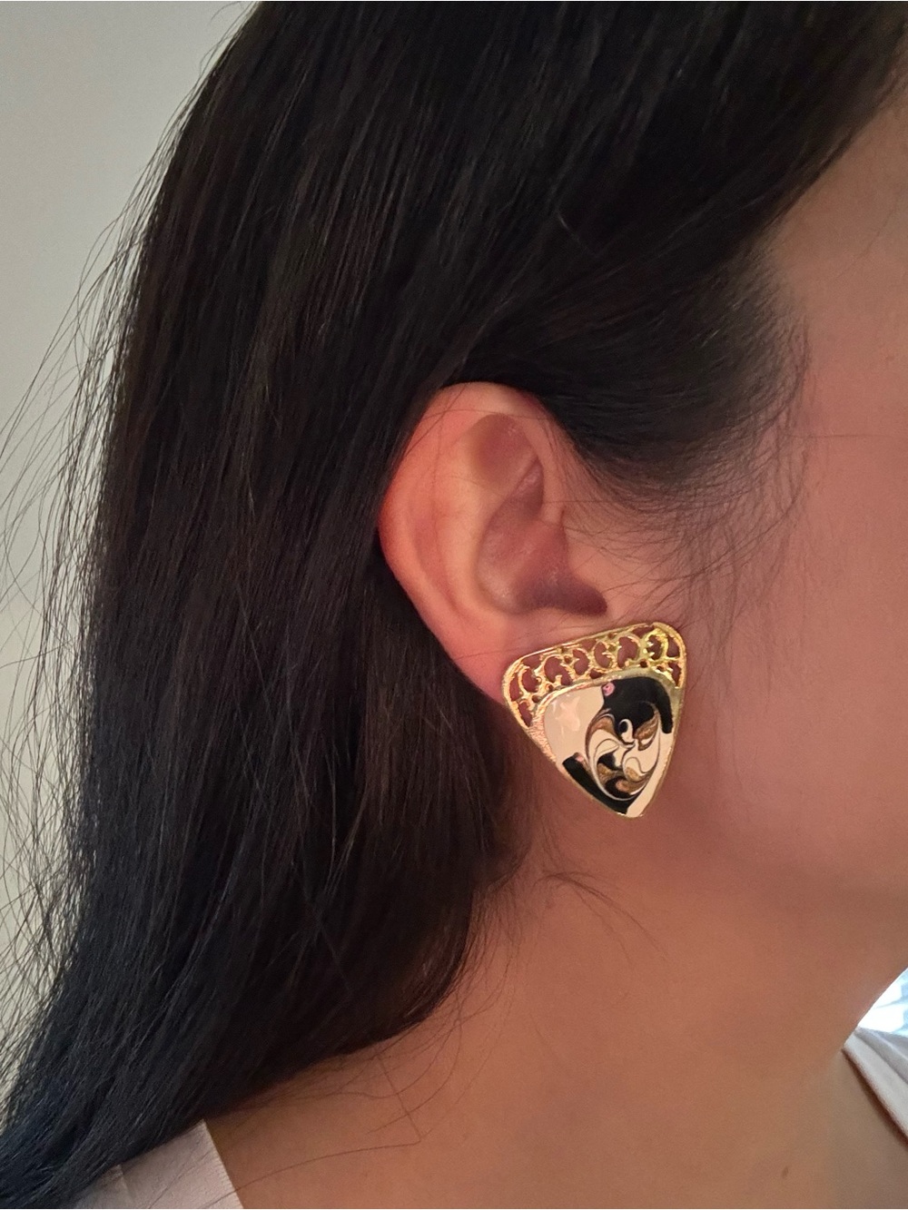 Vintage Enamel & Gold Tone Triangle Clip-On Earrings